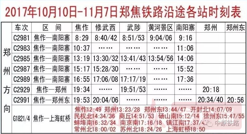 受施工影响 郑焦城际部分车次改由南阳寨始发