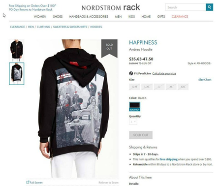 诺德斯特龙公司官网上此前显示，这种帽衫已售罄(sold out)。
