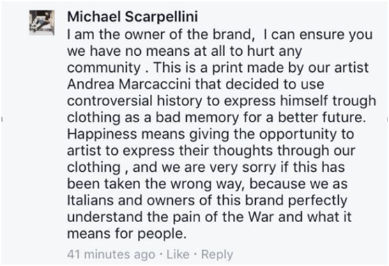 品牌所有者米歇尔・斯卡尔佩利尼(Michael Scarpellini)就此事件回应称，“我是该品牌的所有者，我可以向大家保证，我们没有冒犯任何族群的意思。”