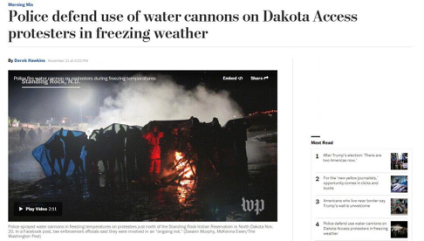 图片说明：《华盛顿邮报》对北达科他州抗议事件进行报道。